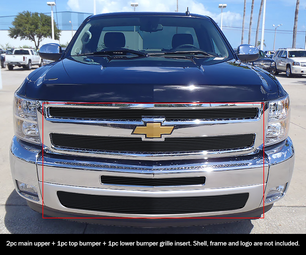 2007-2013 Chevy Silverado 1500 only for models with logo height exceeding center bar MAIN UPPER + TOP BUMPER + LOWER BUMPER Aluminum Billetuminum Billet Wide Grille