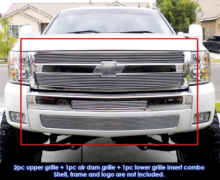 2007-2013 Chevy Silverado 1500 only for models with logo height exceeding center bar MAIN UPPER + TOP BUMPER + LOWER BUMPER Aluminum Billetuminum Billet Grille