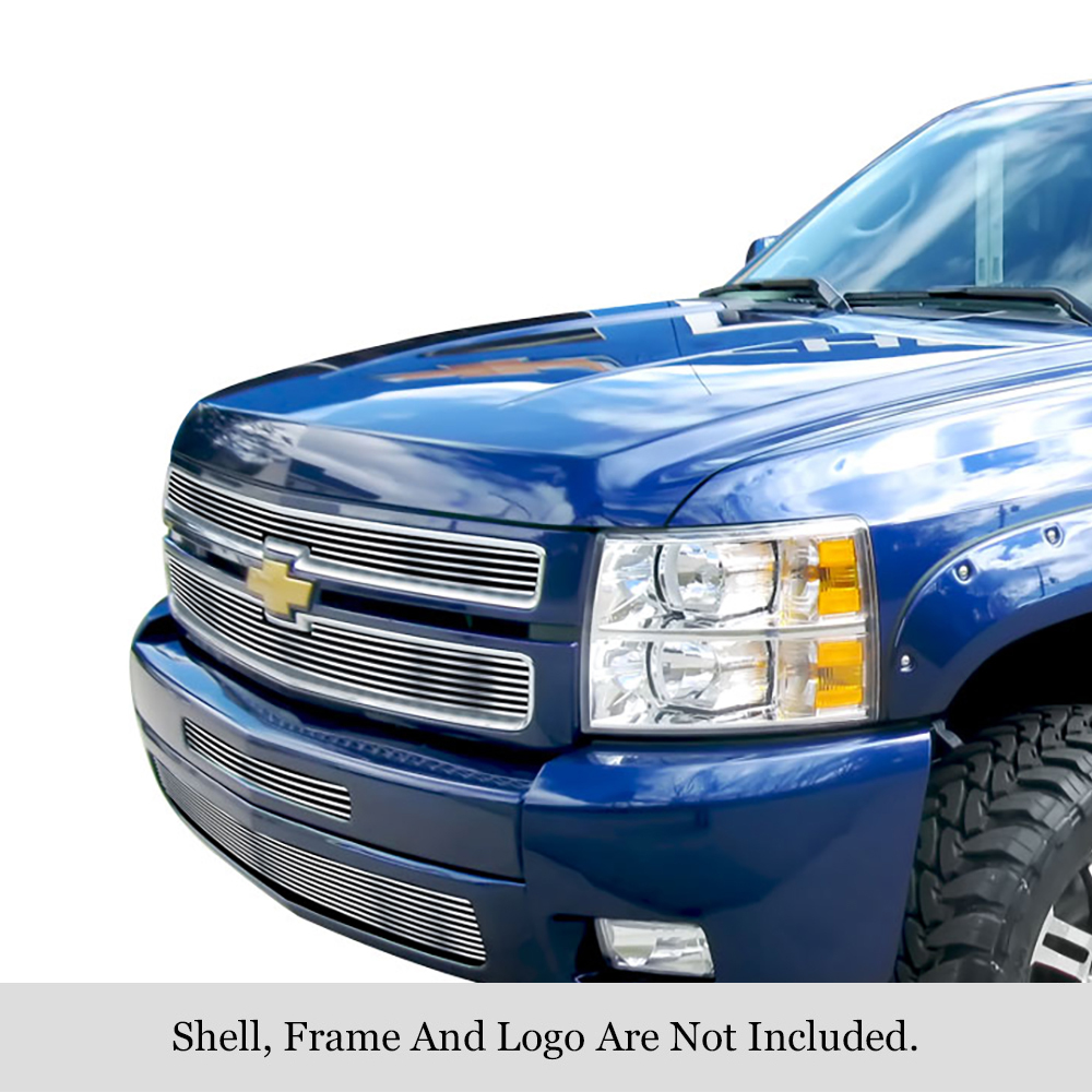 2007-2013 Chevy Silverado 1500 (only for models with logo height exceeding center bar) MAIN UPPER + TOP BUMPER + LOWER BUMPER Stainless Steel Billet Grille
