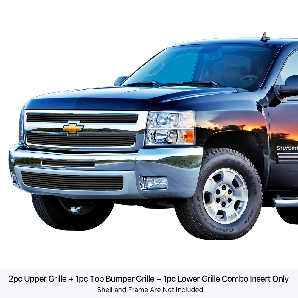 2007-2013 Chevy Silverado 1500 only for models with logo height exceeding center bar MAIN UPPER + TOP BUMPER + LOWER BUMPER Black Stainless Steel Billet Grille