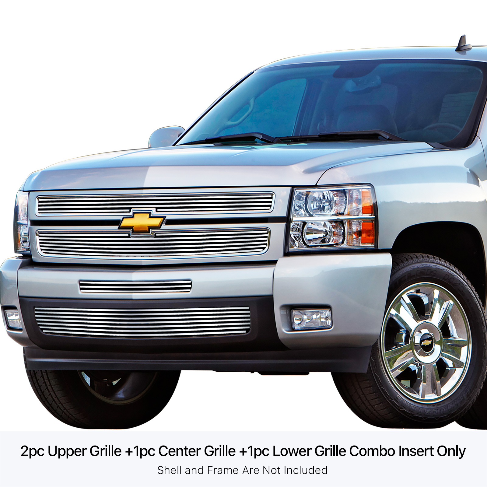 2007-2013 Chevy Silverado 1500 only for models with logo height exceeding center bar MAIN UPPER + LOWER BUMPER Stainless Steel Billet Grille