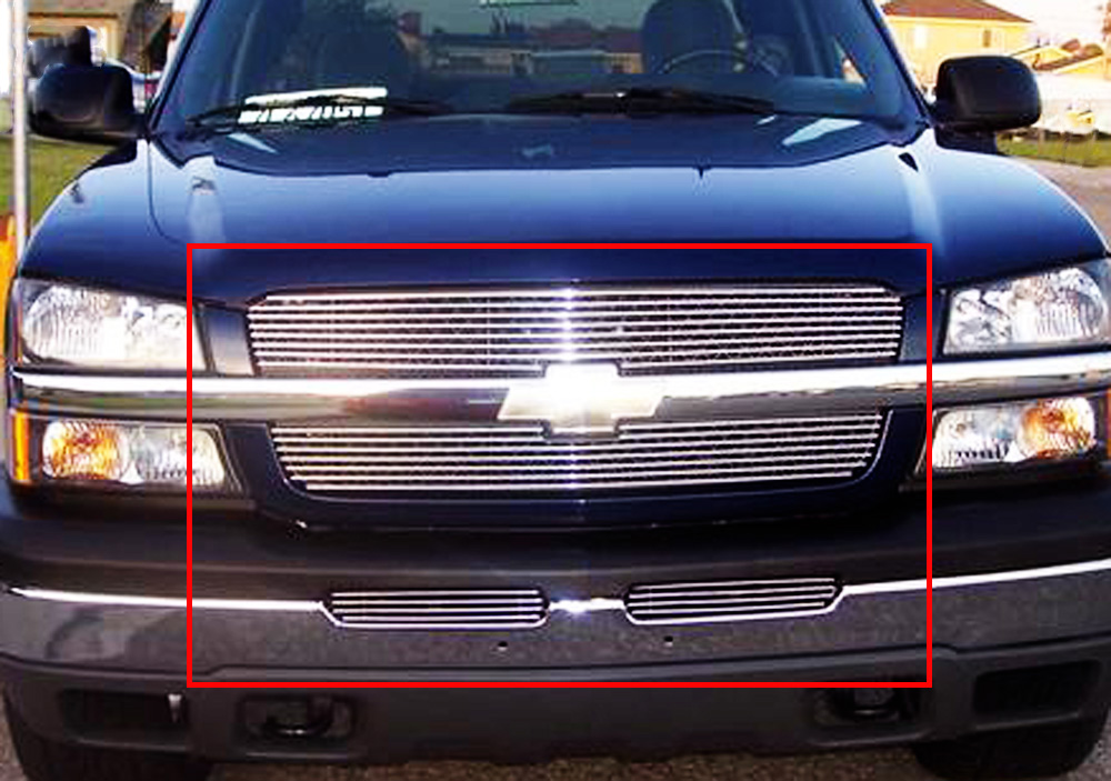 2002-2006 Chevy Avalanche Without Body Cladding/2003-2005 Chevy Silverado 1500/2003-2005 Chevy Silverado 1500 HD/2003-2004 Chevy Silverado 2500/2003-2004 Chevy Silverado 2500 HD/2003-2004 Chevy Silverado 3500 MAIN UPPER + TOP BUMPER Aluminum Billetuminum