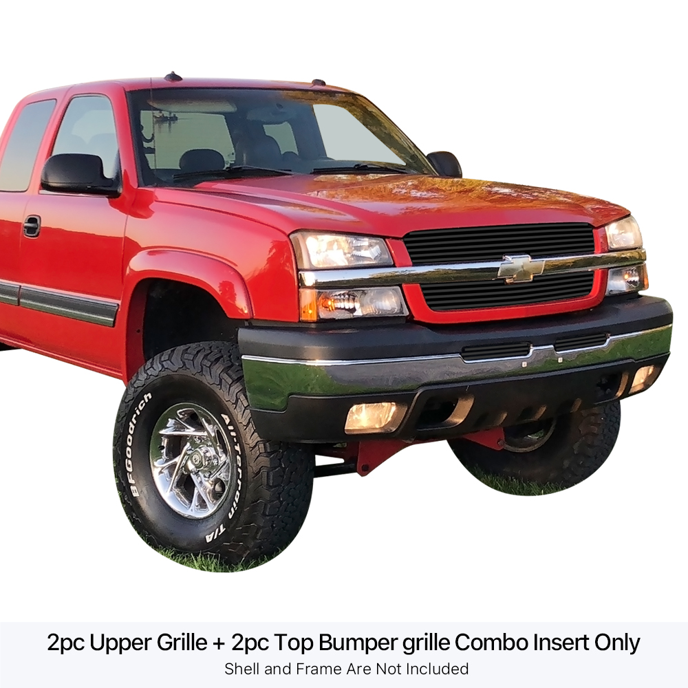 2002-2006 Chevy Avalanche Without Body Cladding/2003-2005 Chevy Silverado 1500/2003-2005 Chevy Silverado 1500 HD/2003-2004 Chevy Silverado 2500/2003-2004 Chevy Silverado 2500 HD/2003-2004 Chevy Silverado 3500 MAIN UPPER + TOP BUMPER Black Stainless Steel