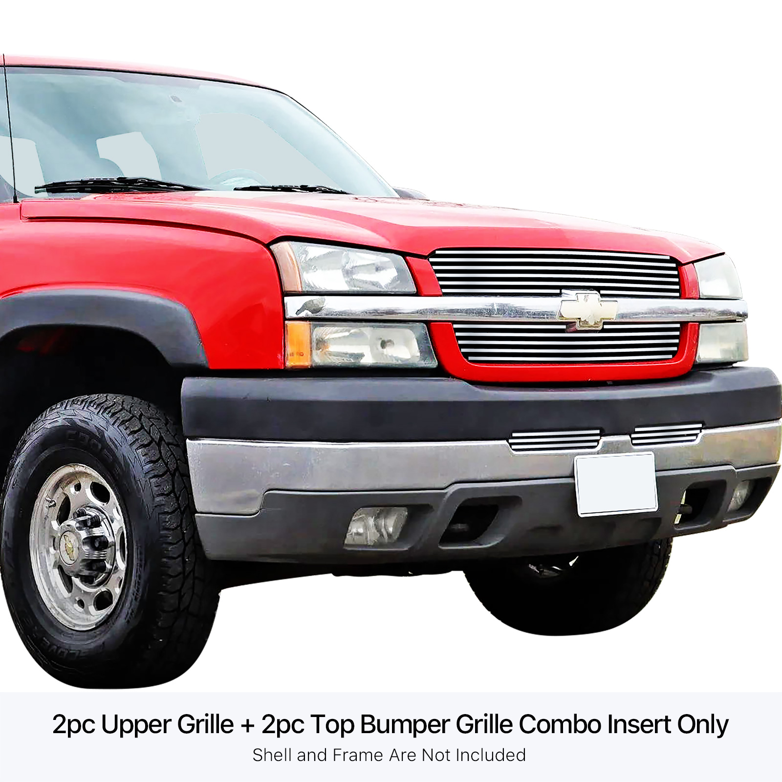 2002-2006 Chevy Avalanche Without Body Cladding/2003-2005 Chevy Silverado 1500/2003-2005 Chevy Silverado 1500 HD/2003-2004 Chevy Silverado 2500/2003-2004 Chevy Silverado 2500 HD/2003-2004 Chevy Silverado 3500 MAIN UPPER + TOP BUMPER Stainless Steel Billet