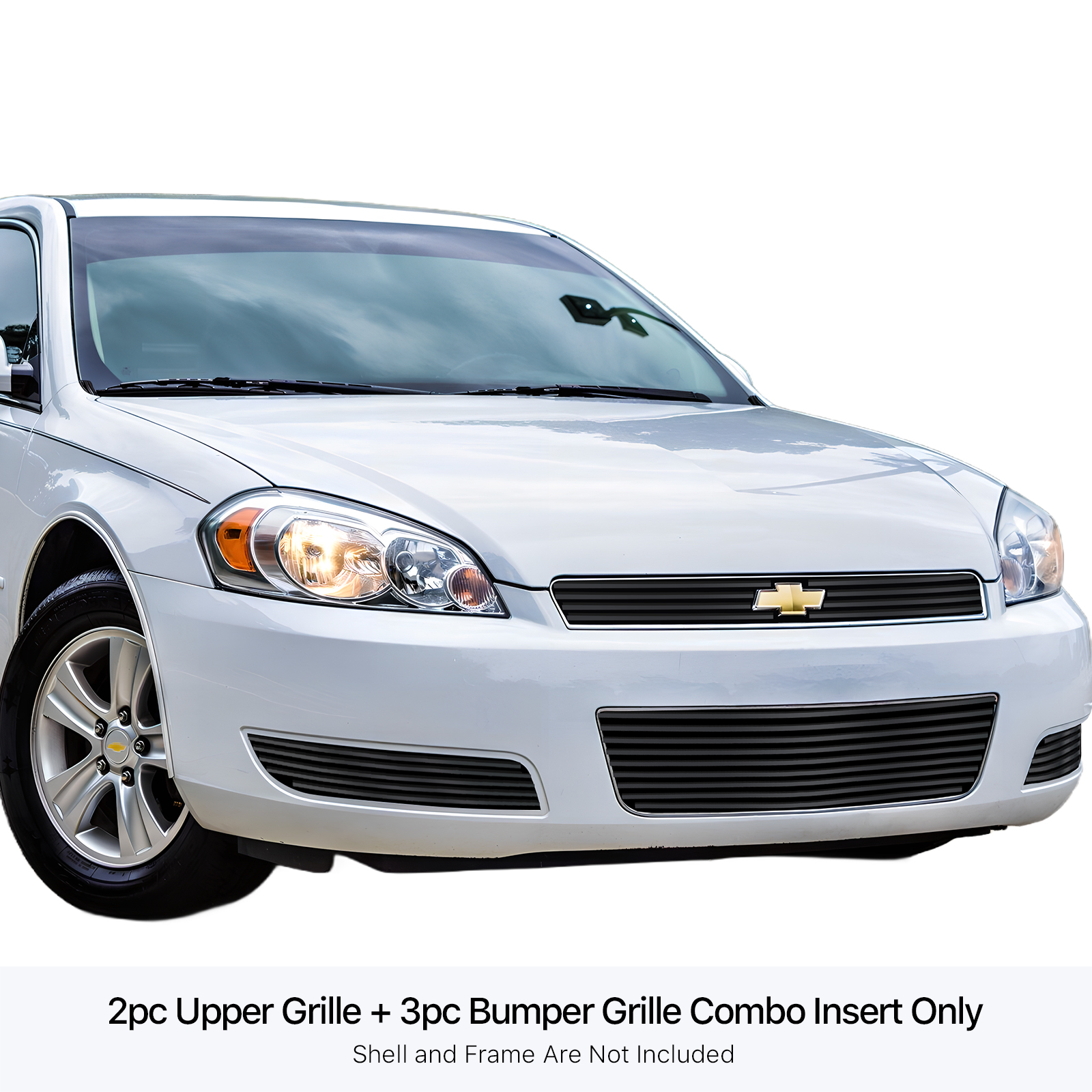2006-2013 Chevy Impala LT Without Fog Light/2006-2013 Chevy Impala LS Without Fog Light MAIN UPPER + LOWER BUMPER Black Stainless Steel Billet Grille