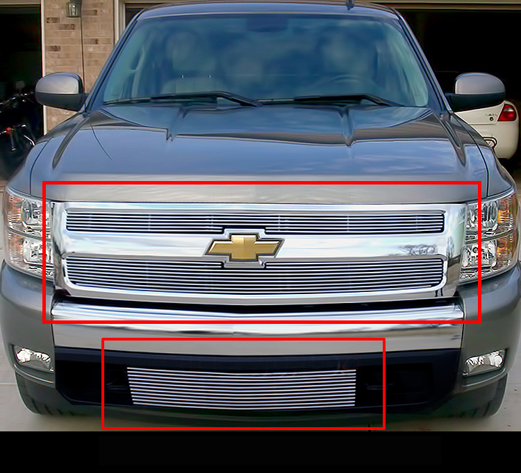 2007-2013 Chevy Silverado 1500 only for models with logo height exceeding center bar MAIN UPPER + LOWER BUMPER Aluminum Billetuminum Billet Grille