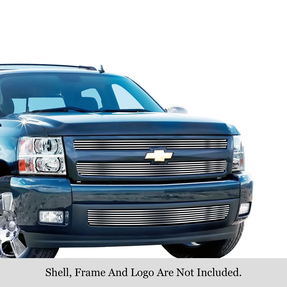 2007-2013 Chevy Silverado 1500 only for models with logo height exceeding center bar MAIN UPPER + LOWER BUMPER Aluminum Billetuminum Billet Grille