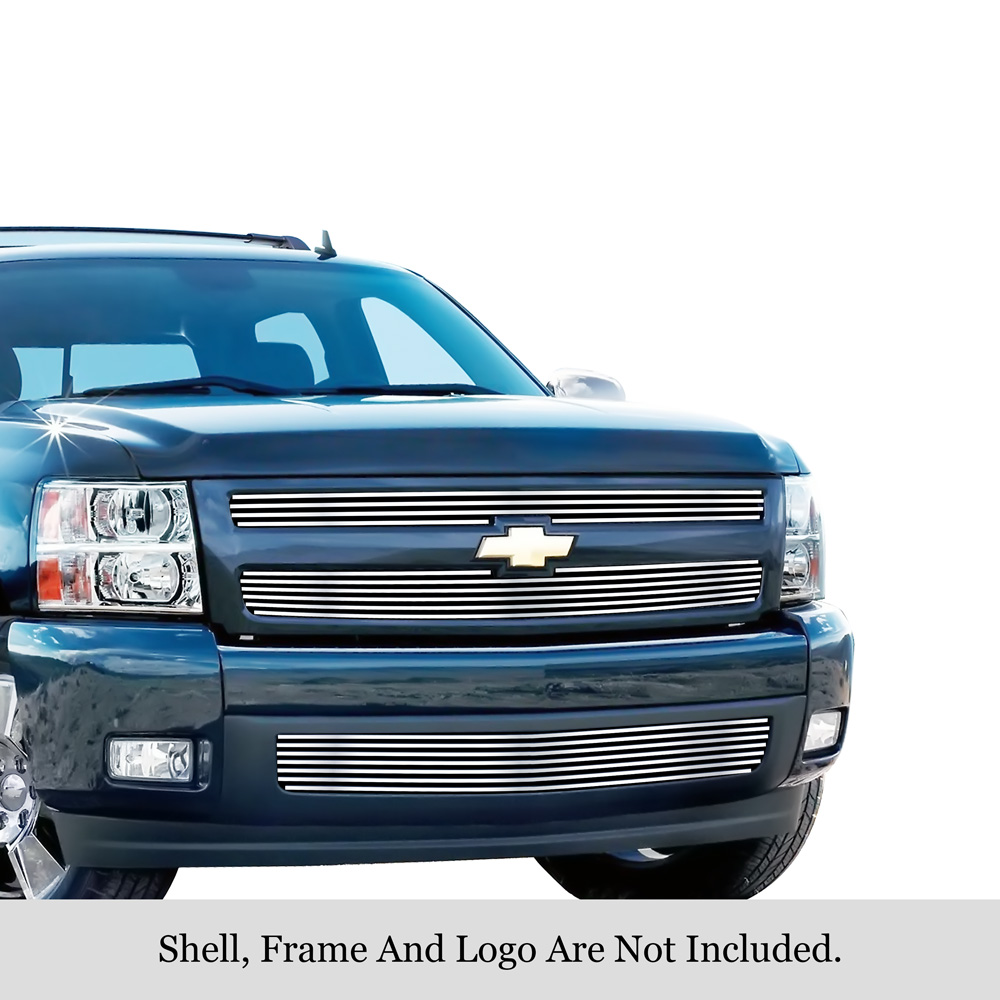 2007-2013 Chevy Silverado 1500 (only for models with logo height exceeding center bar) MAIN UPPER + LOWER BUMPER Stainless Steel Billet Grille