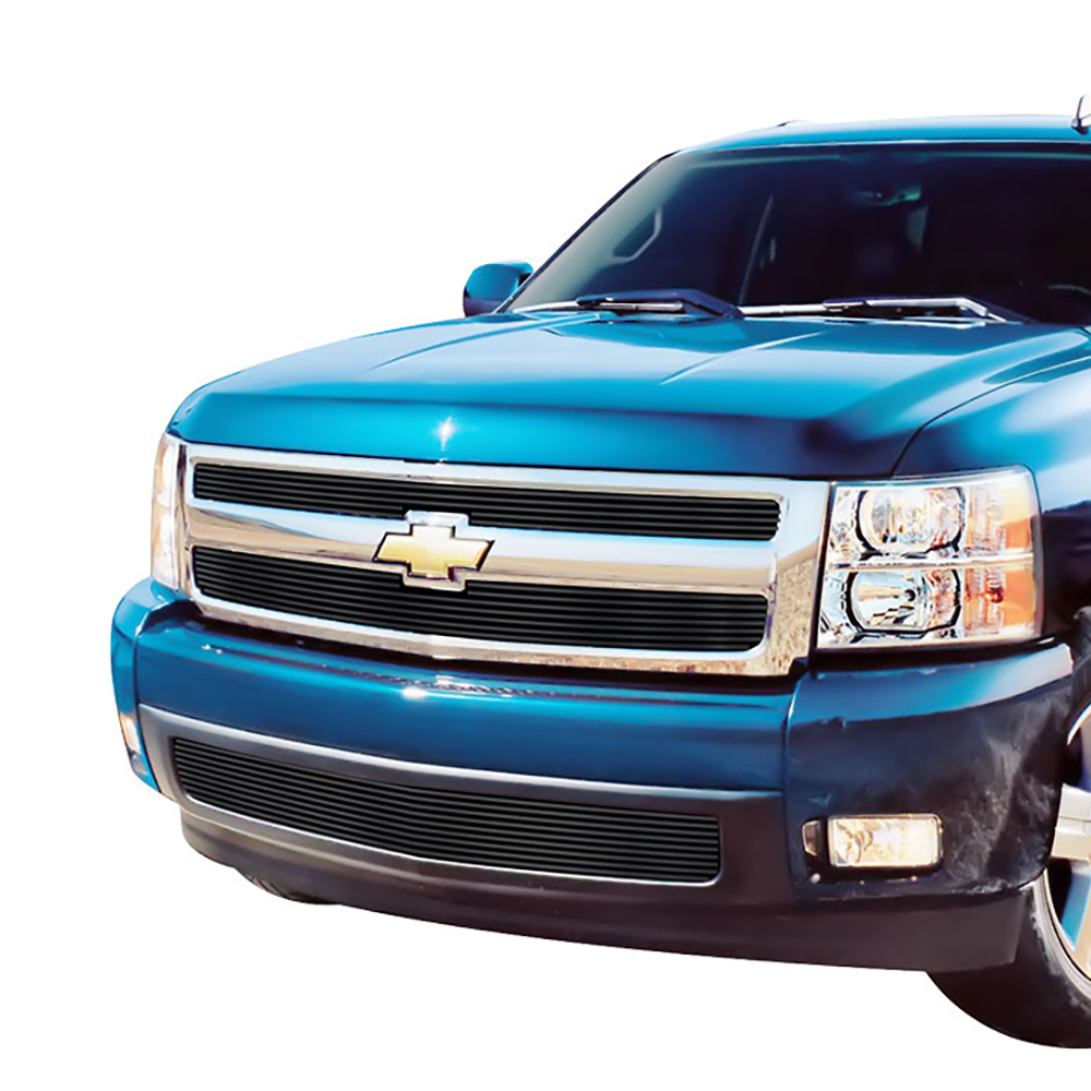 2007-2013 Chevy Silverado 1500 only for models with logo height exceeding center bar MAIN UPPER + LOWER BUMPER Black Stainless Steel Billet Grille
