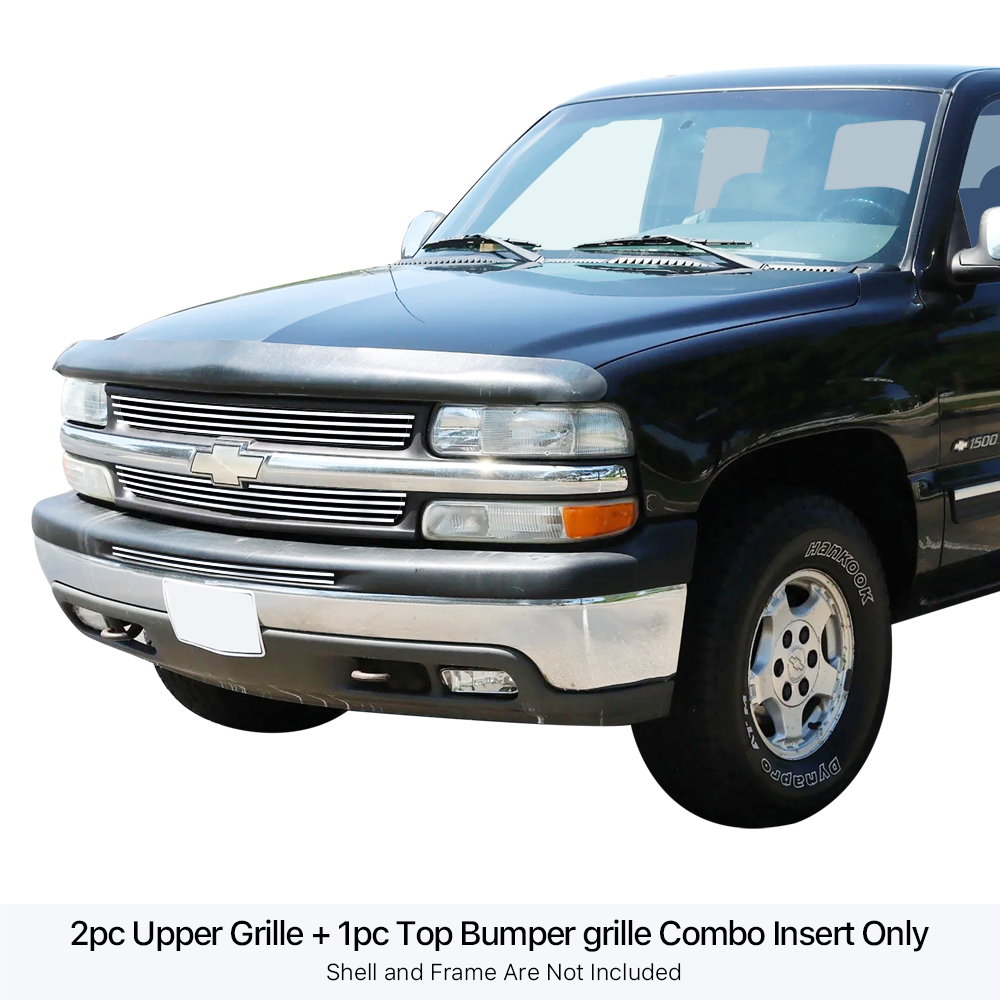 1999-2002 Chevy Silverado 1500 /2000-2006 Chevy Suburban /2000-2006 Chevy Tahoe /2000-2006 Chevy Avalanche MAIN UPPER + LOWER BUMPER Stainless Steel Billet Grille