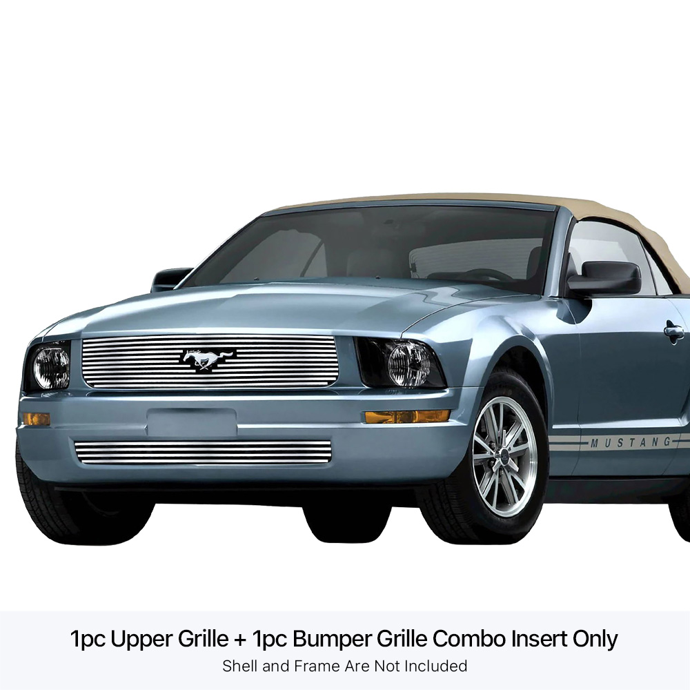 2005-2009 Ford Mustang V6 MAIN UPPER + LOWER BUMPER Stainless Steel Billet Grille
