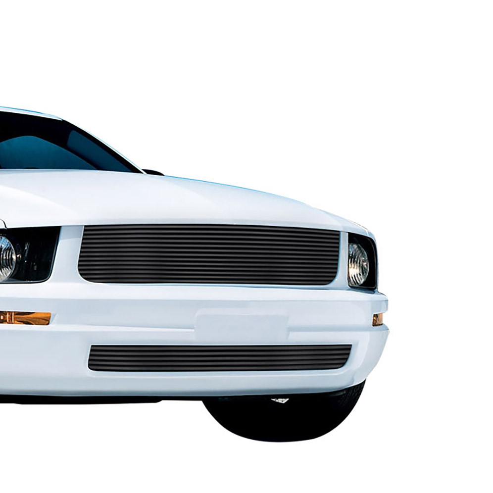2005-2009 Ford Mustang V6 Except Pony Package MAIN UPPER + LOWER BUMPER Black Stainless Steel Billet Grille