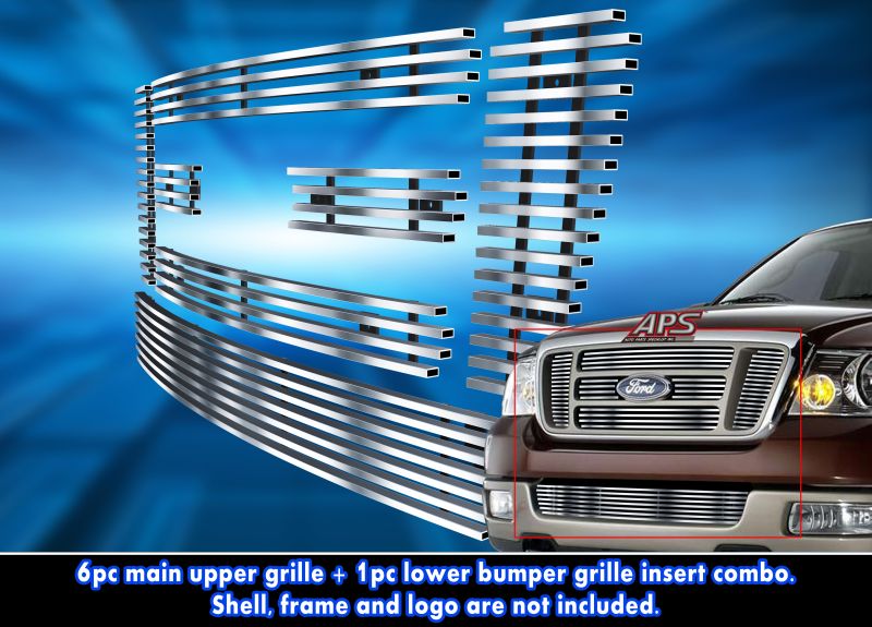 2004-2008 Ford F-150 Bar Style MAIN UPPER + LOWER BUMPER Stainless Steel Billet Grille