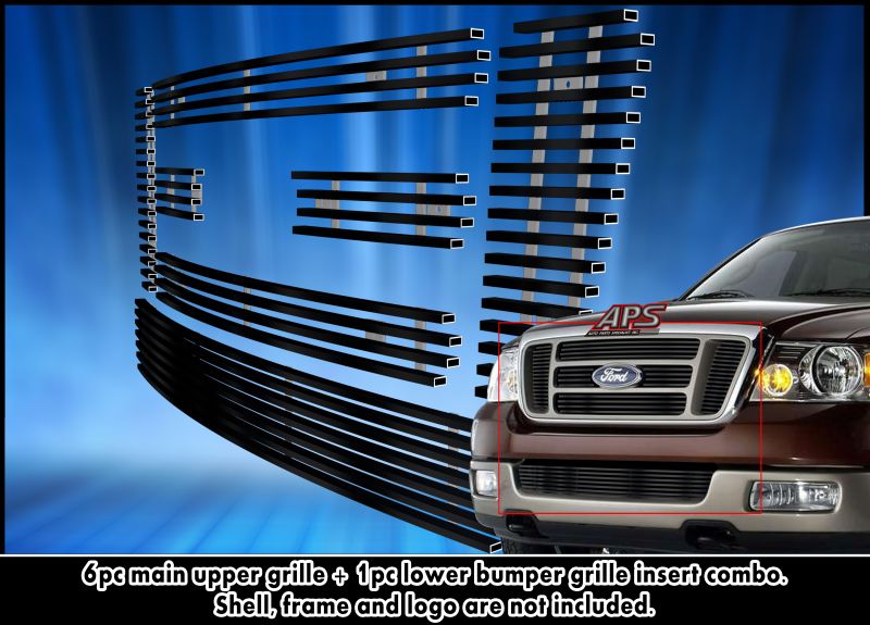 2004-2008 Ford F-150 Bar Style MAIN UPPER + LOWER BUMPER Black Stainless Steel Billet Grille