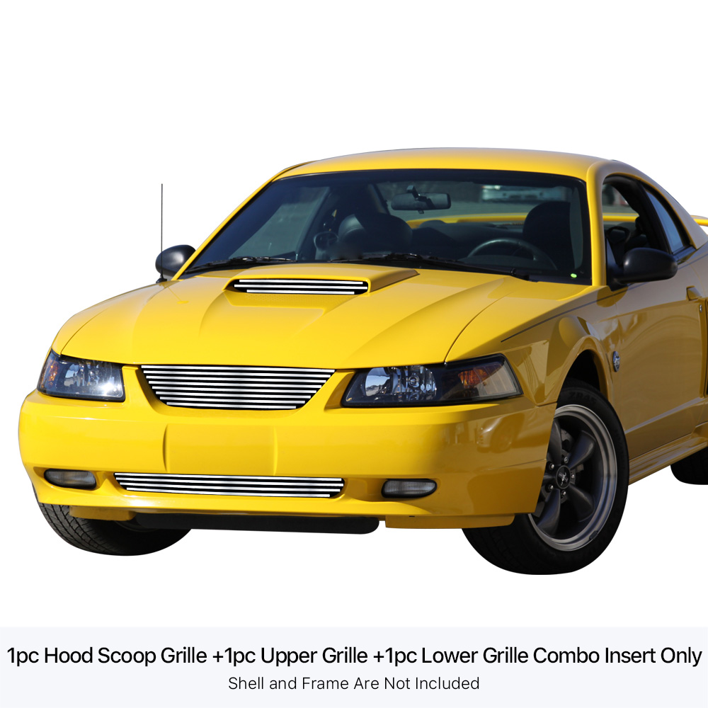 1999-2004 Ford Mustang Only Fit V6 Model MAIN UPPER + LOWER BUMPER Stainless Steel Billet Grille