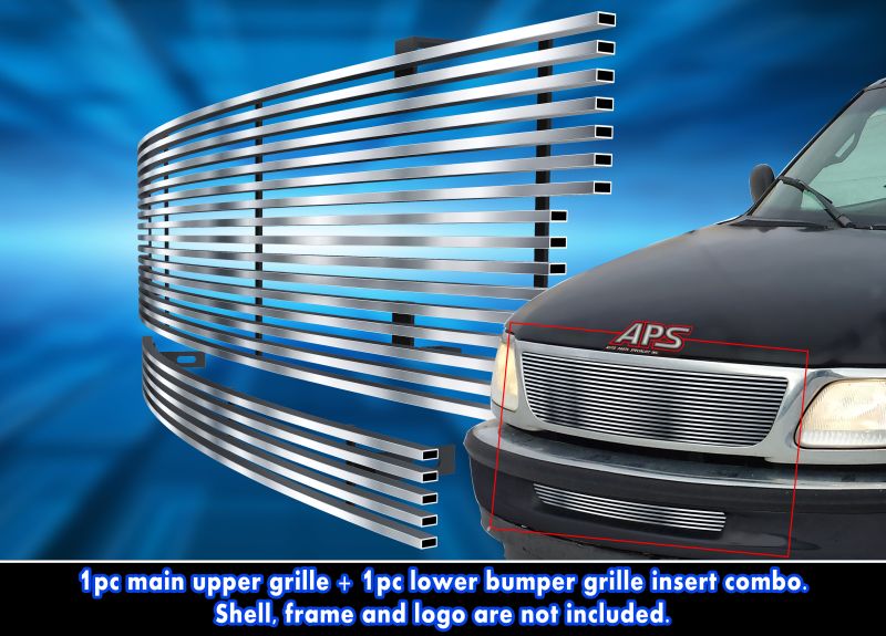 1997-1998 Ford F-150 2WD Bar Style MAIN UPPER + LOWER BUMPER Stainless Steel Billet Grille