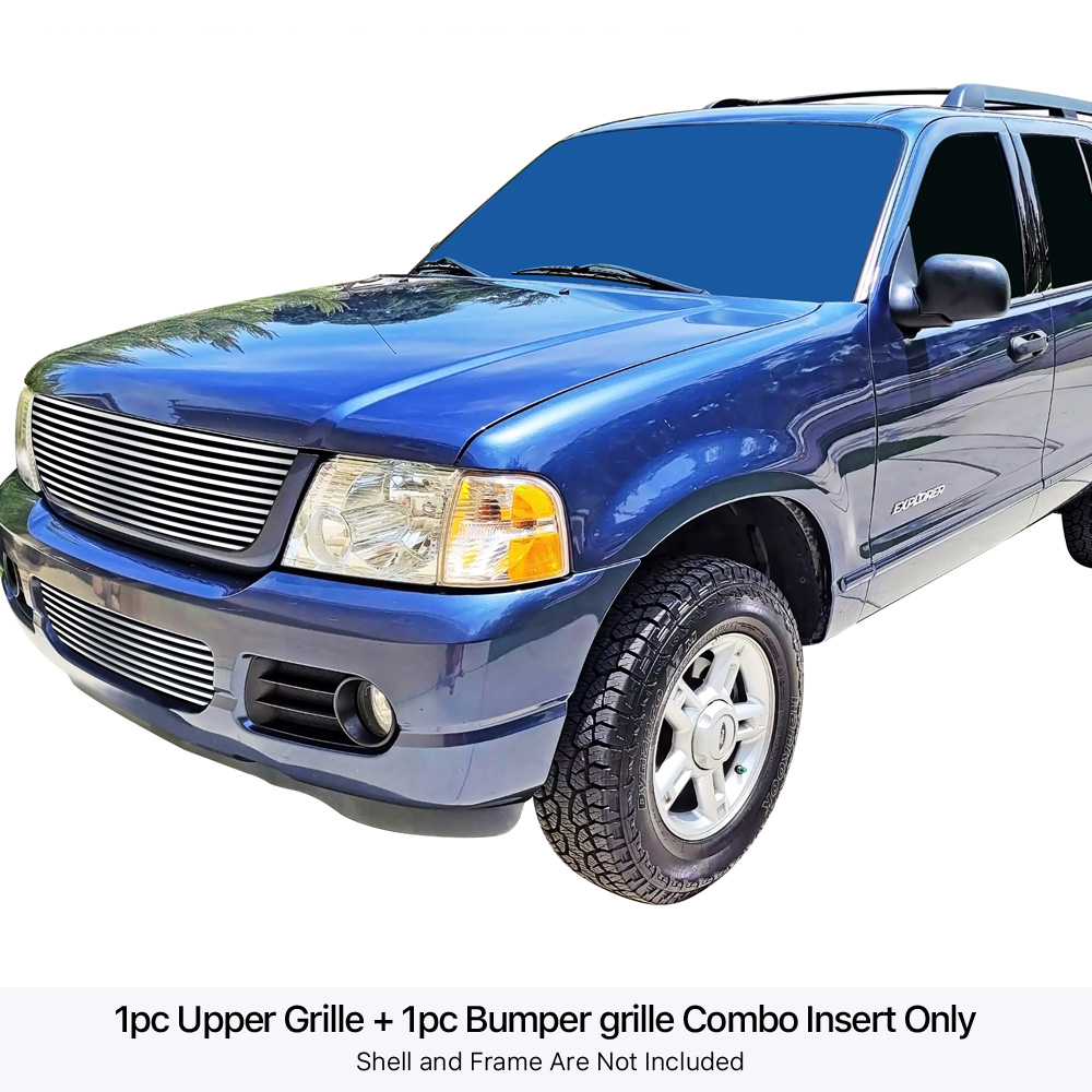 2002-2005 Ford Explorer Not For Sport or Sport Trac MAIN UPPER + LOWER BUMPER Stainless Steel Billet Grille