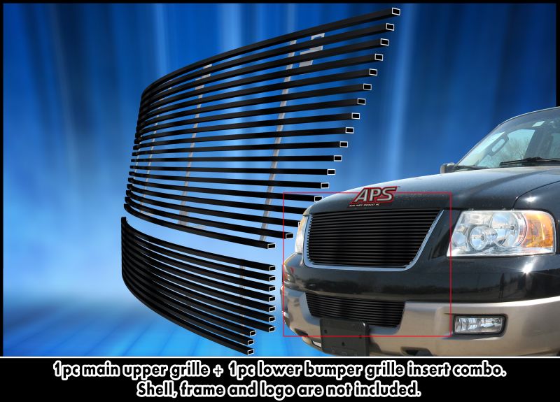 2003-2006 Ford Expedition MAIN UPPER + LOWER BUMPER Black Stainless Steel Billet Grille