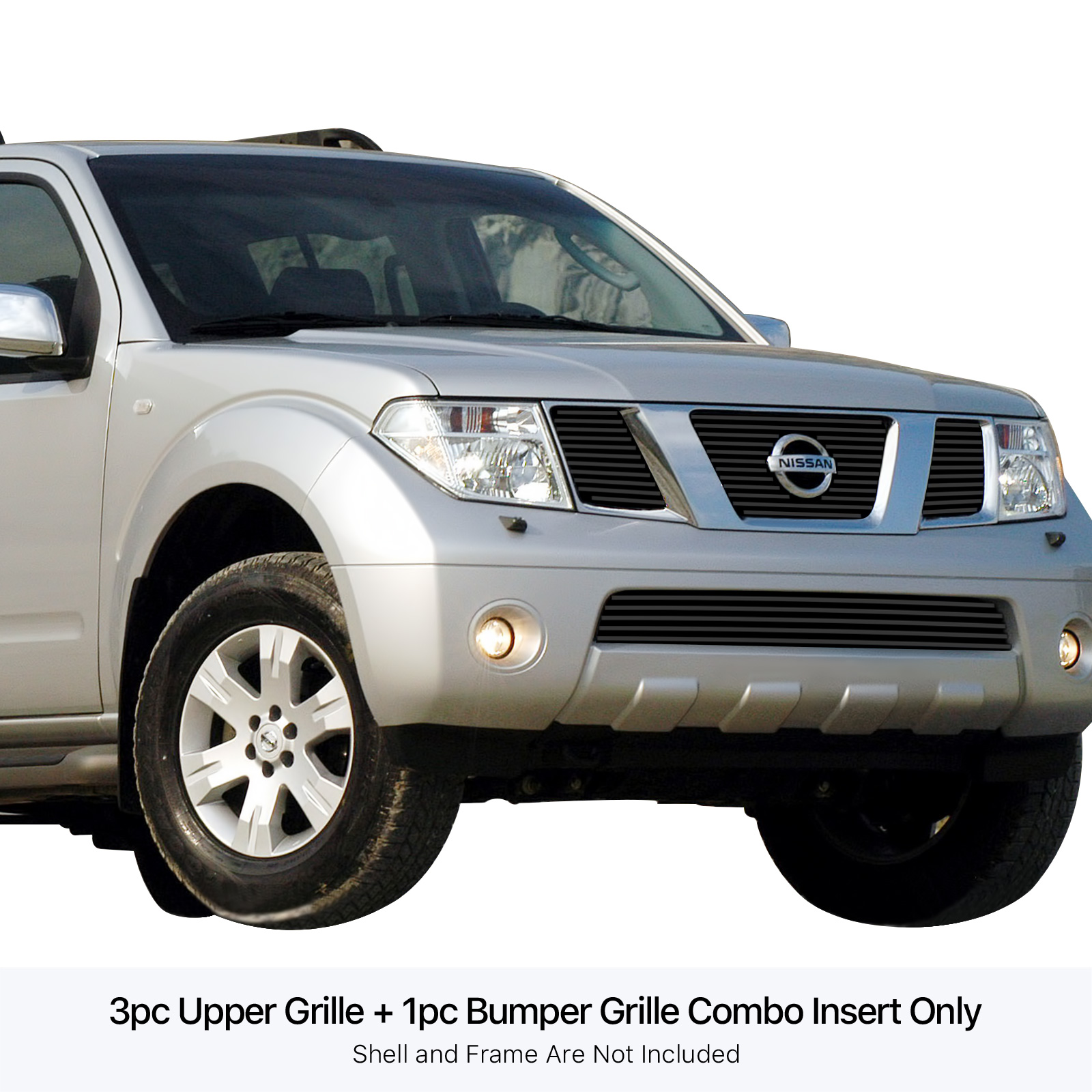 2005-2007 Nissan Pathfinder With Logo Show/2005-2008 Nissan Frontier With Logo Show MAIN UPPER + LOWER BUMPER Black Stainless Steel Billet Grille