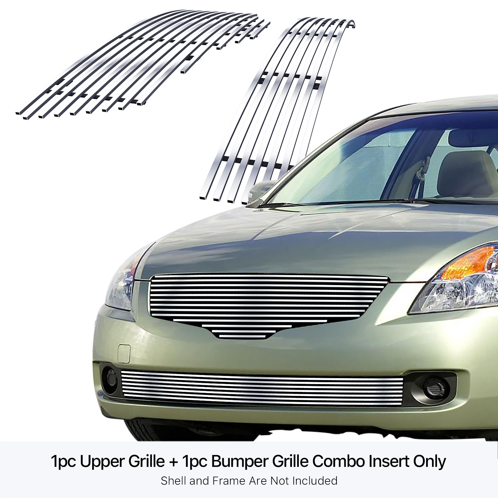2007-2009 Nissan Altima Sedan MAIN UPPER + LOWER BUMPER Stainless Steel Billet Grille