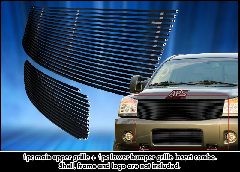 2004-2007 Nissan Armada /2004-2007 Nissan Titan MAIN UPPER + LOWER BUMPER Black Stainless Steel Billet Grille