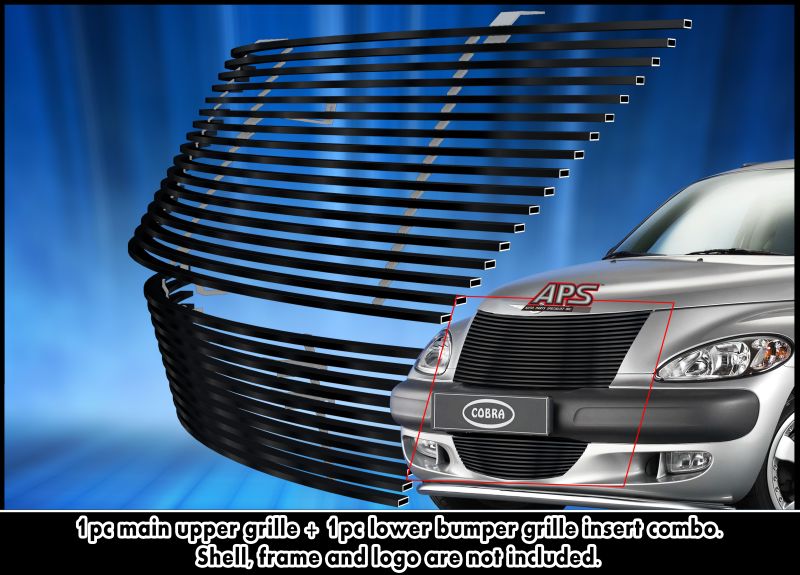 2000-2005 Chrysler PT Cruiser (Not for GT or Turbo models with intercooler) MAIN UPPER + LOWER BUMPER Black Stainless Steel Billet Grille