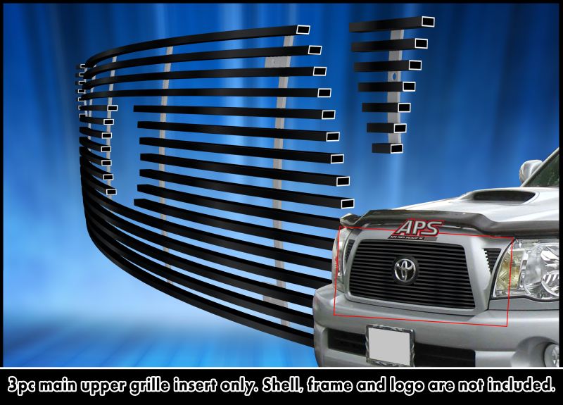 2005-2010 Toyota Tacoma 1 PC Center & 2 PCS For Side Holes MAIN UPPER Black Stainless Steel Billet Grille